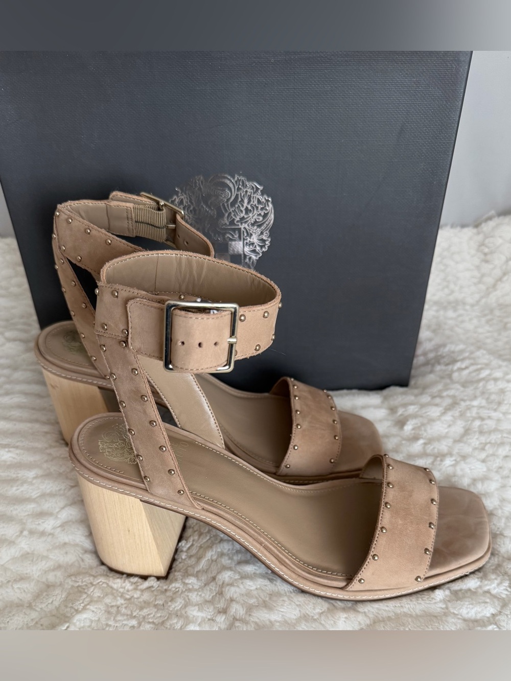 Vince Camuto Shyremin Nude/Taupe Studded Ankle-Strap Block Heel Sandals